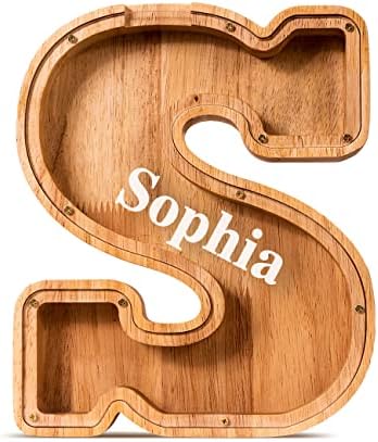 Summidate Customized Name Large Wooden Piggy Bank for Kids Boys Girls Alphabets Letter A-Z Coins Bills Money Change Bank Box Initial on Clear Cover (Laser Engraved) (Alphabet-S, Personalized-9")