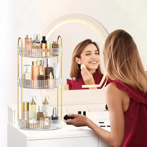 MOKANI 360 Rotating Makeup Organizer for Vanity, 3 Tier Adjustable Perfume Organizer for Dresser, Multi-Function Spinning Cosmetics Skincare Storage for Bedroom, Dresser, Countertop, Clear