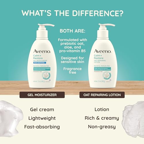 Aveeno Calm + Restore Body Moisturizer Gel for Sensitive Skin, Lightweight Moisturizer to Help Heal Dry Skin with Aloe Vera, Prebiotic Oat and Pro-Vitamin B5, Fragrance Free, 12 OZ