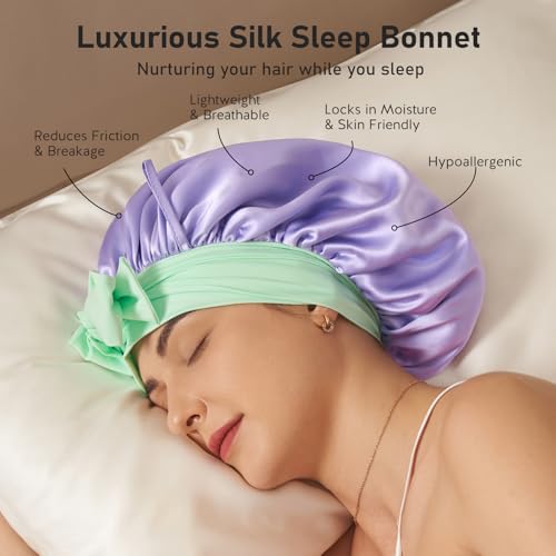 LitBear 100% Mulberry Silk Bonnet for Sleeping Women, 6A 22 Momme, Large Double-Layer Hair Wrap with Tie Band, Non-Slip Turban (Purple)