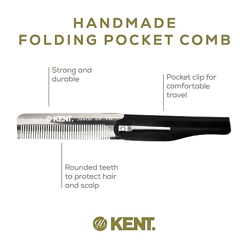 Kent 20T Black Graphite Handmade Folding Pocket Comb for Men, Fine Tooth Hair Comb Straightener for Everyday Grooming Styling Hair, Beard or Mustache, Use Dry or with Balms, Saw Cut, Made in England