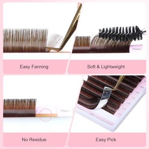 ALLOVE Colored Eyelash Extension Super Easy Fan Brown Volume Lash Extensions 0.05mm D Curl 12-15mm Mixed Tray Rapid Blooming Colorful Volume Lashes Self Fanning Lash Extension Supplies