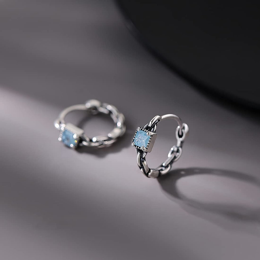SLUYNZ 925 Sterling Silver Blue CZ Hoop Earrings for Women Teen Girls Retro Huggie Hoop Earrings