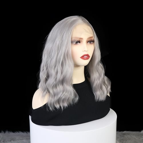 Gray Bob Curly Wig Synthetic Lace Front Wig Middle Part Lace Wigs 14Inch Synthetic Hair Wig for Women Party Use Cosplay Wigs
