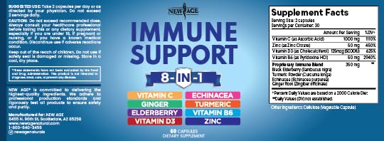 NEW AGE 8 in 1 Immune Support Booster Supplement with Echinacea, Vitamin C and Zinc 50mg, Vitamin D 5000 IU, Turmeric Curcumin & Ginger, B6, Elderberry 120 Count (Pack of 2)