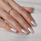 BTArtbox Press On Nails Short - White Press On Nails with 3D Sculpting Metallic Design, Square Fake Nails for Women Gift, Supremely Fit Glue On Nails in 16 Sizes, Chromium
