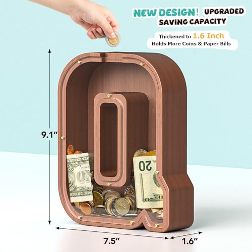 Summidate Wooden Letter Piggy Bank, Extra Thick Large Capacity Piggy Bank for Kids Boys Girls Toddler, Alphabet Q Money Bank| Coin Box Birthday, Christmas, Festival
