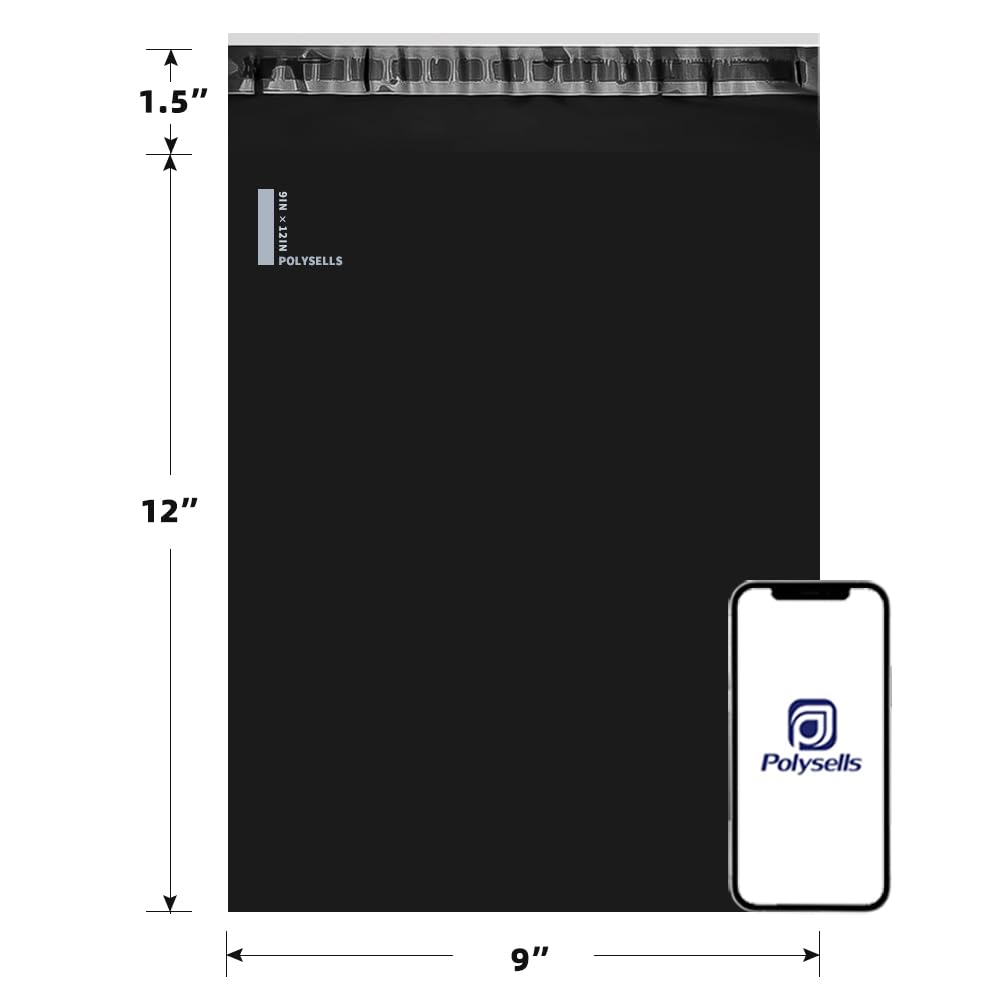 POLYSELLS 200 pcs 9x12 Inches Black Poly Mailers Shipping Envelopes, Strong Adhesive Sealing, Waterproof, and Tear-resistant Postal Mailing Bags for Small Business, Clothes, Non-Fragile Items