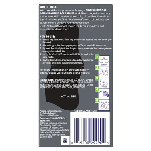 Bioré Men's Oil Control Charcoal Deep Cleansing Pore Strips, Blackhead Strips With Charcoal for Men, Blackhead Remover Strips For All Skin Types, Pore Strips for Blackheads, 18 Count