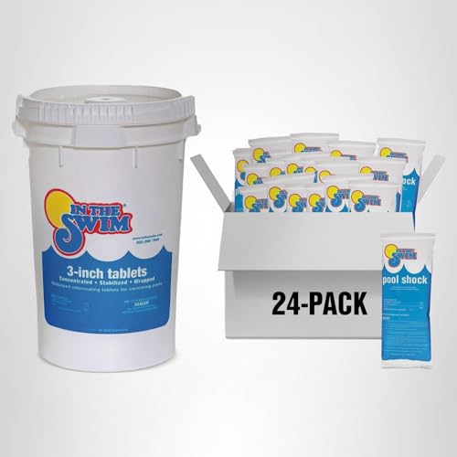 In The Swim Chlorine and Shock Bundle for Sanitizing Swimming Pools – Includes 10 Pound Bucket of 3 Inch Stabilized Chlorine Tablets and 6 x 1 Pound Bags of 68% Cal-Hypo Pool Shock