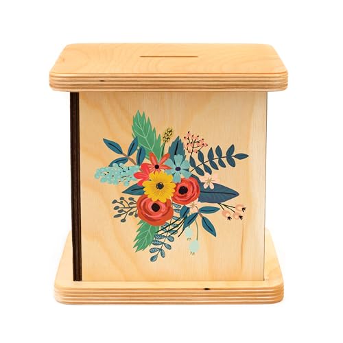 Wooden Piggy Bank for Kids and Adults, Personalized Gift Handmade in USA by BloomOwl, Custom Piggy Bank, Personalized Banks for Kids, Gifts for Baby Boys and Girls (Floral- Botanical)