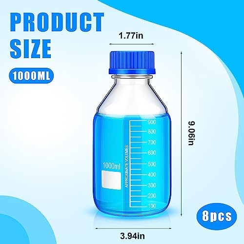 Irenare 8 Pieces Media Storage Bottles Borosilicate Storage Glass Scientific Round Graduated Media Bottle with Blue Gl45 Screw Cap for Lab Water Reagent Liquids(1000 ml)