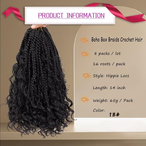 Goddess Box Braids Crochet Hair 14inch Boho 3X Crochet Braids with Curly Ends 8 Packs Protective Hairstyle Synthetic Braiding Hair Extensions for Black Women (14 Inch, 1B)