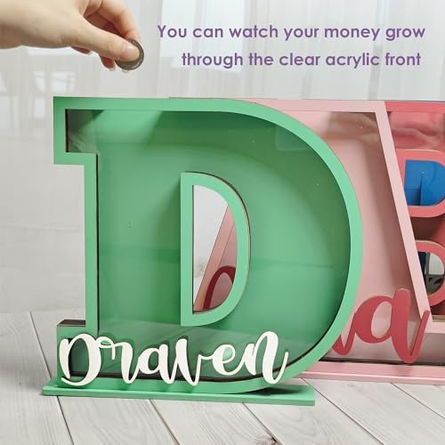 Personalized Name Letter Piggy Bank, 26 Letters Wooden Kids Piggy Bank for Birthday, Custom Large Small Wood Money Box Gift for Boys Girls Christmas