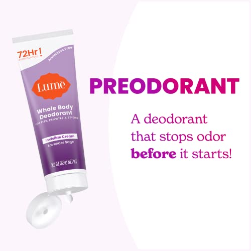 Lume Whole Body Deodorant - Invisible Cream Tube - 72 Hour Odor Control - Aluminum Free, Baking Soda Free, Skin Safe - 3.0 ounce (Lavender Sage)