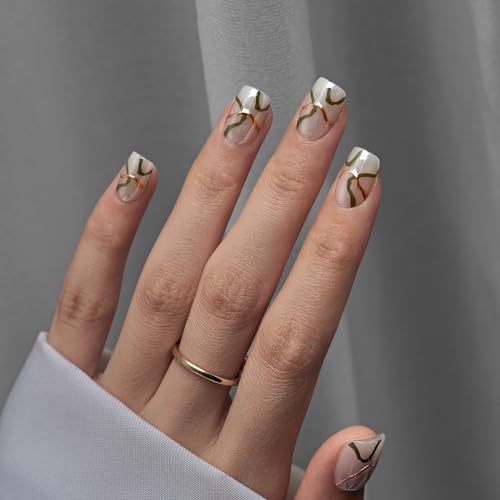 BTArtbox Press On Nails Short - Square Press On Nails with 3D Gold Foil Swirl, Supremely Fit Glue On Nails in 15 Sizes, Winding River