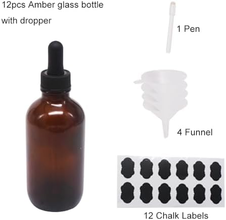 12 Pack 4oz Glass Dropper Bottles for Essential Oil 120ml Amber Round Glass Boston Bottle With Black Glass Eye Dropper for Massage Oil, Perfume & Lab, Refillable Glass Bottle for Travel