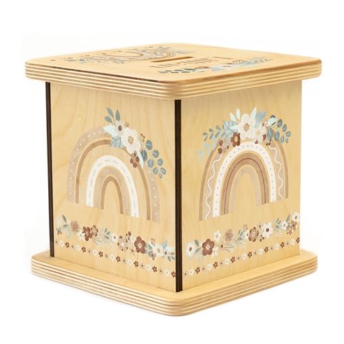 Wooden Piggy Bank for Kids and Adults, Personalized Gift Handmade in USA by BloomOwl, Custom Piggy Bank, Personalized Banks for Kids, Gifts for Baby Boys and Girls (Rainbow- Boho Floral)