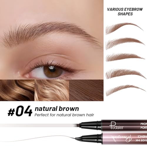 Curved Eyebrow Pen, 2 in 1 Dual Ended Microblading Eyebrow Pencil, Waterproof and Last All Day 4 Tip Brow Pencil with Precise Tip, Create Natural Hair Like Brows and Eyeliner (Natural Brown)