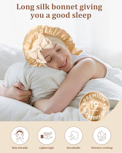 AWAYTR Long Silk Bonnet for Sleeping - 100% Mulberry Silk Bonnet for Women Long Hair Sleep Cap with Elastic Tie Band (Champagne)