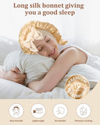 AWAYTR Long Silk Bonnet for Sleeping - 100% Mulberry Silk Bonnet for Women Long Hair Sleep Cap with Elastic Tie Band (Champagne)