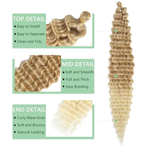 Curly Braiding Hair,30 Inch Deep Wave Braiding Hair,T27/613 Color Ocean Wave Crochet Hair for Black Women,6 packs Ombre Long Deep Wave Crochet Hair, Wavy Braiding Hair for Boho Braids