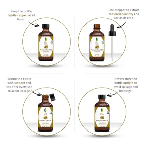 SVA Pumpkin Seed Oil Organic - 4 Fl Oz – 100% Natural Cold Pressed Organic Pumpkin oil - for Face, Skin Care, Hair Care, Scalp Massage & Body Massage – Carrier Oil with Dropper