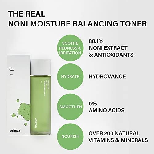 celimax Noni Moisture Balancing Toner | with Noni Extract, Facial Astringent, Hydrating, Exfoliating, Anti Aging, for Sensitive Dry Skin, Fine Lines, Korean Skincare, 150ml