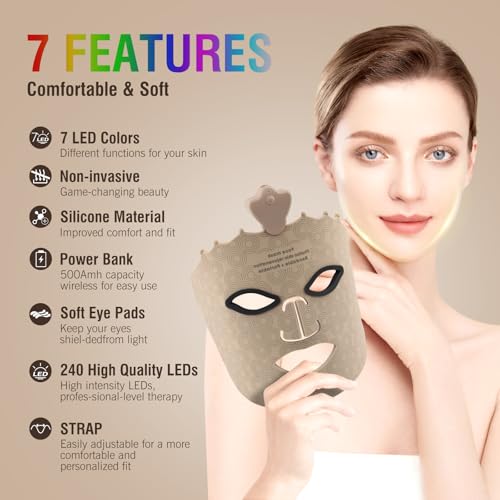 7 Color LED Face Mask Light Therapy, Red Light Therapy Mask for Face for Anti Aging Wrinkles, Silicone Red Light Mask Skin Care at Home with Eye Protection Cushion