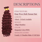 Human Hair Braiding Hair 12A Deep Wave Bulk Human Hair For Braiding 14 Inch 100g/2Bundles No Weft Human Braiding Hair Extensions 99J Burgundy Deep Wave Bulk Human Hair For Boho Braids