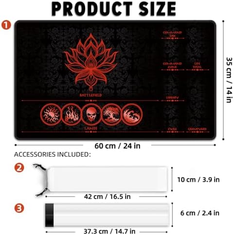 MTG Playmat with Play Zones – Magic Play mat Card Game Mat for Magic The Gathering, Lotus & Basic Lands Design, 24x14 inch, Stitched Edge, Non-Slip Base with Prismatic Playmat Tube-Red Zone