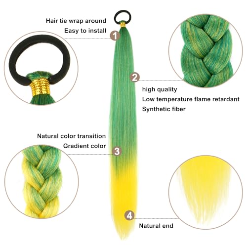 Braided Ponytail Extension With Hair Tie, Straight Wrap with Braid Ponytail Extension Green Yellow Gradient Synthetic Hair Pieces 26 Inch (Green/Yellow#)