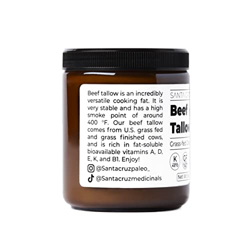 Santa Cruz Paleo Beef Tallow for Skin Care & Cooking, 100% Grass Fed and Finished, Gluten Free, Keto, Sugar Free, Paleo, Use as Lip Balm or Moisturizer, With Vitamin D, E, K, B1, A, Fatty Acids, 8 Oz