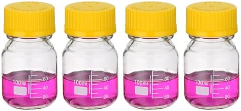 PATIKIL 4 Pack Reagent Media Storage Bottles, 100ml Borosilicate Glass Graduated Round Bottles with GL32 Yellow Screw Cap for Lab Water Reagent Liquids, Clear