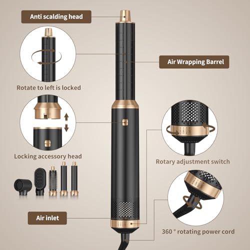Blow Dryer Brush, 5 in 1 Upgrade Hair Dryer Brush Air Curler Air Curling Wrap Styler, Detachable Hot Air Brush Negative Ion Curling Brush Iron, Hair Styling Tools for Drying Curling Straightening