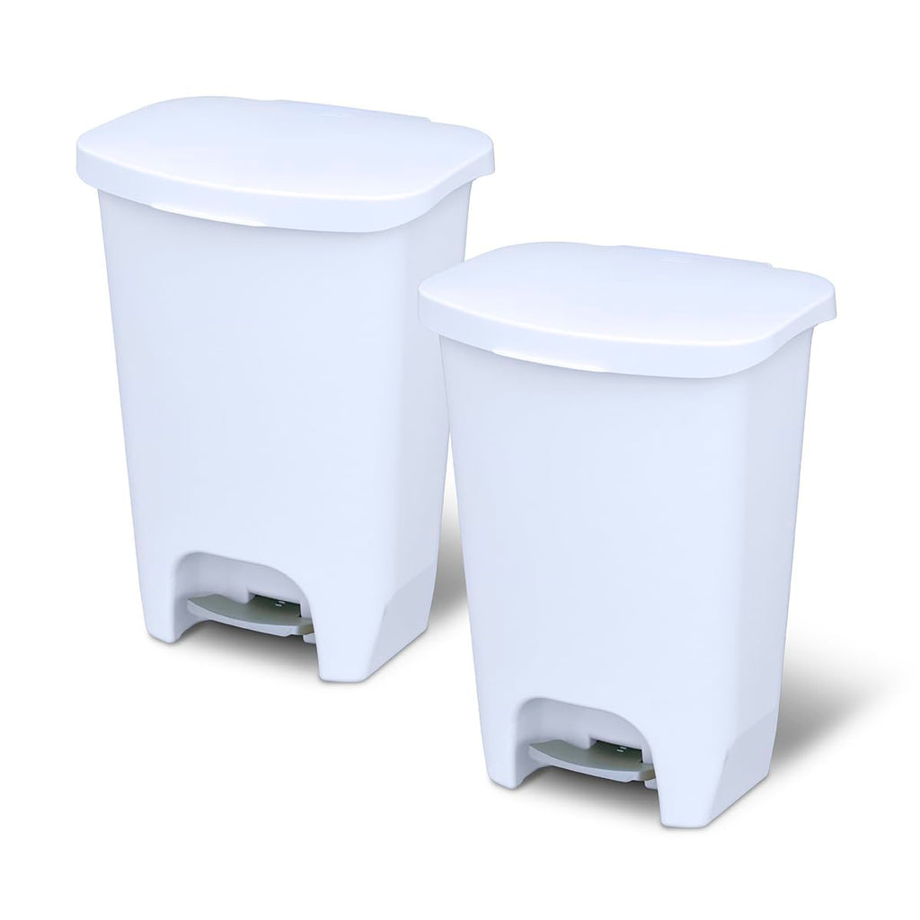 Glad 13 Gallon Trash Can with Clorox Odor Protection, 2 Pack | Plastic Kitchen Waste Bin | Hands Free with Step On Foot Pedal and Garbage Bag Rings, White