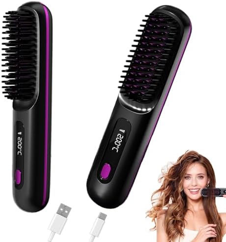 Go Brush Pro Hair Straightener & Curler 2-in-1 – Cordless Comb with Negative Ion, 4000mAh Fast Heating & Portable Travel Design, Rechargeable Brush for Straightening and Curling (1Pcs)