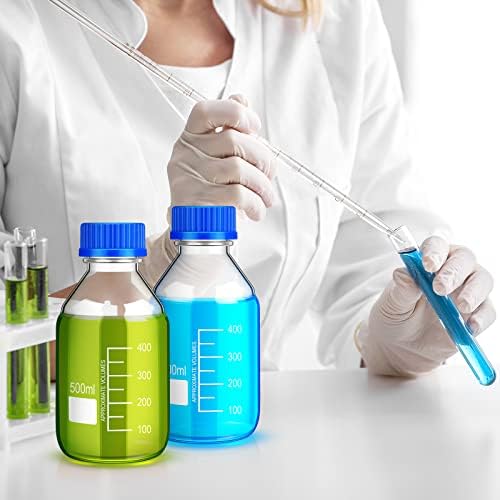 Chuarry 16 Pieces Media Storage Bottles Borosilicate Storage Glass Bottle Scientific Round Graduated Media Bottle with Blue Gl45 Screw Cap for Lab Water Reagent Liquids (500 ml)