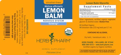 Herb Pharm Certified Organic Lemon Balm Liquid Extract for Calming Nervous System Support, Alcohol-Free Glycerite, 4 Ounce