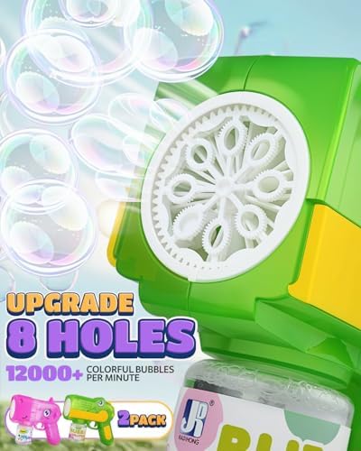 Bubble Gun 2 Packs for Kids, Automatic Bubble Machine with 2 Bottles &25 Bags Refill Solution, Bubble Maker Gifts for Kids, Outdoor Game Toys for Boys&Girls Ages 3+ (Green&Pink(8-Hole))