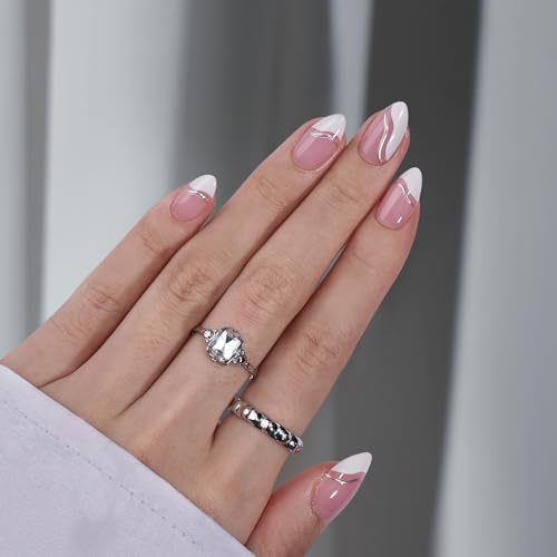 BTArtbox Press On Nails Almond - Swirl French Tip Press On Nails Short for Gifts, Nail Tips, Pink Fake Nail with Glue, Glue On Nails in 16 Sizes - 30 Nail Kit, Tiny Silver