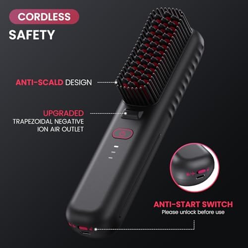 Cordless Hair Straightener Brush, Portable Mini Straightening Brush for Travel, Negative Ion Hot Comb Hair Straightener for Women, Rose Red