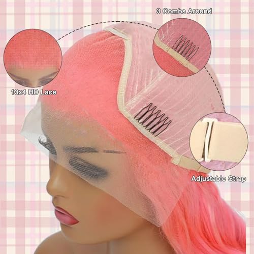 Pink Lace Front Wig Human Hair 20 Inch 13x4 Cotton Candy Pink Straight HD Lace Frontal Wig Human Hair Pre Plucked with Baby Hair Bubblegum Pink Lace Closure Human Hair Wig 150 Density for Women