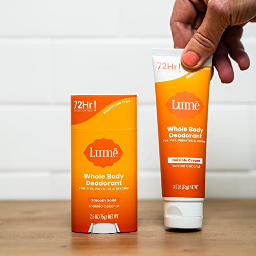Lume Whole Body Deodorant - Invisible Cream Tube and Solid Stick - 72 Hour Odor Control - Aluminum Free, Baking Soda Free, Skin Safe - 3.0 Ounce 2.6 Ounce Bundle (Toasted Coconut)