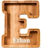 Customized Name Large Wooden Piggy Bank for Kids Boys Girls Alphabets Letter A-Z Coins Bills Money Change Bank Box Initial on Clear Cover (Laser Engraved) (Alphabet-E, Personalized-9")