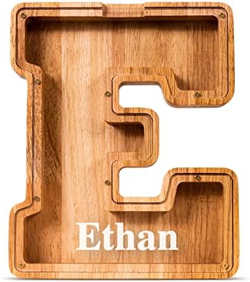 Customized Name Large Wooden Piggy Bank for Kids Boys Girls Alphabets Letter A-Z Coins Bills Money Change Bank Box Initial on Clear Cover (Laser Engraved) (Alphabet-E, Personalized-9")