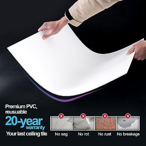 Art3d 10-Pack Smooth Drop Ceiling Tile 2ft x 4ft - Fire-Rated, Waterproof, Reusable - Premium PVC, No Sag and Breakage - Cover 80 Sq. Ft, White