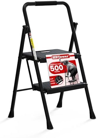 HBTower Step Ladder, Folding Step Stool with Wide Anti-Slip Pedal, Sturdy Steel Ladder, Convenient Handrail, Lightweight, Portable Steel Step Stool