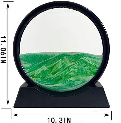 Moving Sand Art Liquid Motion - Moving Sand Art Picture Decor 3D Deep Sea Sandscape, Round Glass Frame Display Flowing Sand Relaxing Toy for Desktop Home Office Work Decoration(Green, 12")