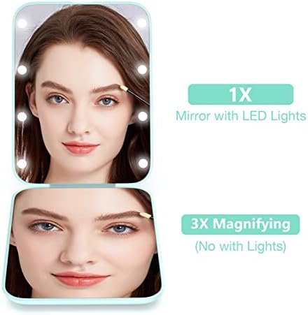 wobsion Small Mirror with Lights,LED Compact Makeup Mirror,1x/3x Mini Travel Mirror with Magnification,Portable Hand Held Mirror for Purse,Pocket,Gifts for Girls,Cyan